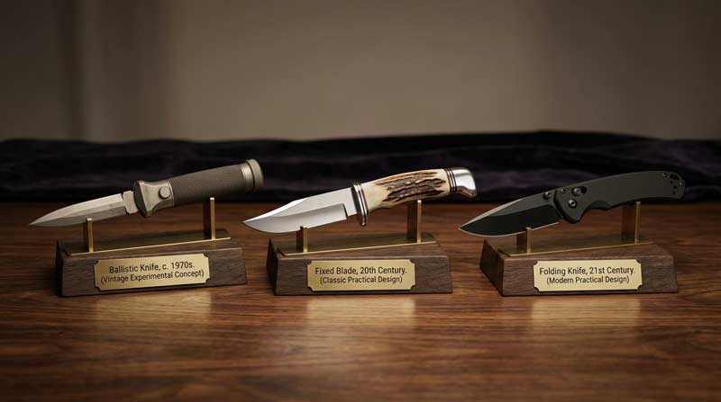 Ballistic knife displayed alongside a fixed blade and folding knife illustrating the evolution of practical knife designs.