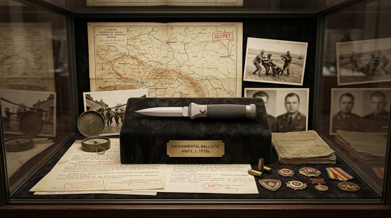 Museum display featuring a Cold War-era ballistic knife with historical documents and military artifacts.