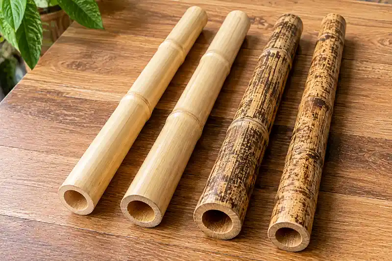 Peeled and unpeeled rattan escrima sticks side by side