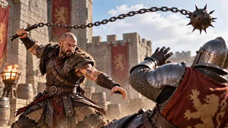 Barbarian warrior swinging a spiked chain weapon at an armored knight in a medieval courtyard.