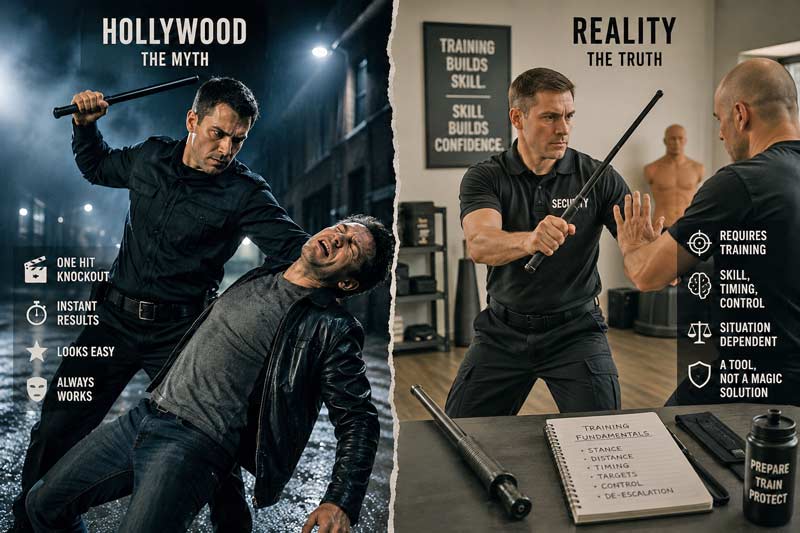 Hollywood vs reality comparison of baton use showing dramatic movie-style takedown beside realistic security training and controlled practice.