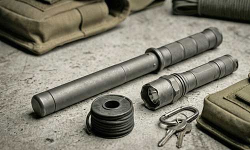 Collapsed dark gray tactical baton next to a tactical flashlight on a textured concrete surface.