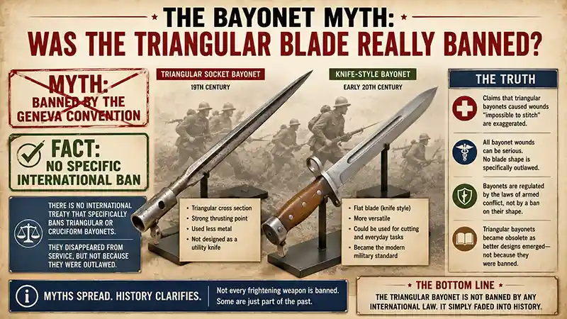 Triangular bayonet compared with a knife-style bayonet and Geneva Convention myth explained