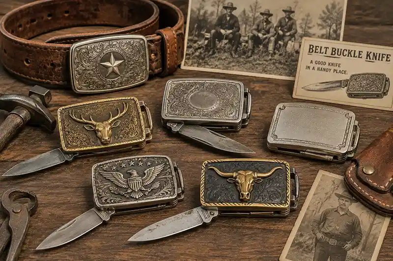 Vintage belt buckle knives displayed with an antique leather belt, old tools, and historical photographs.