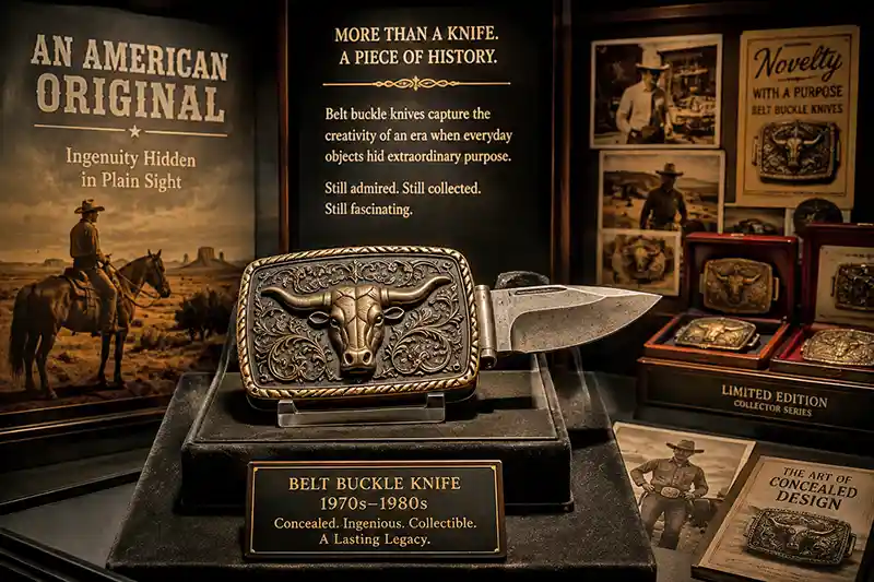 Museum display featuring an ornate vintage belt buckle knife showcased as a collectible historical artifact.