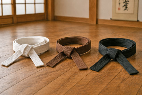 three martial arts belts laid out from white to black on a wooden floor