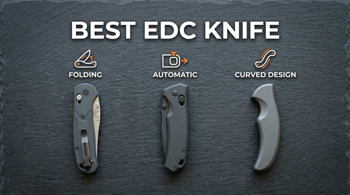 Infographic showing different types of EDC knives including folding, automatic, and curved designs arranged side by side