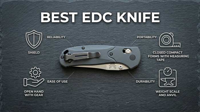 Infographic showing a closed folding knife with icons highlighting reliability, ease of use, portability, and durability