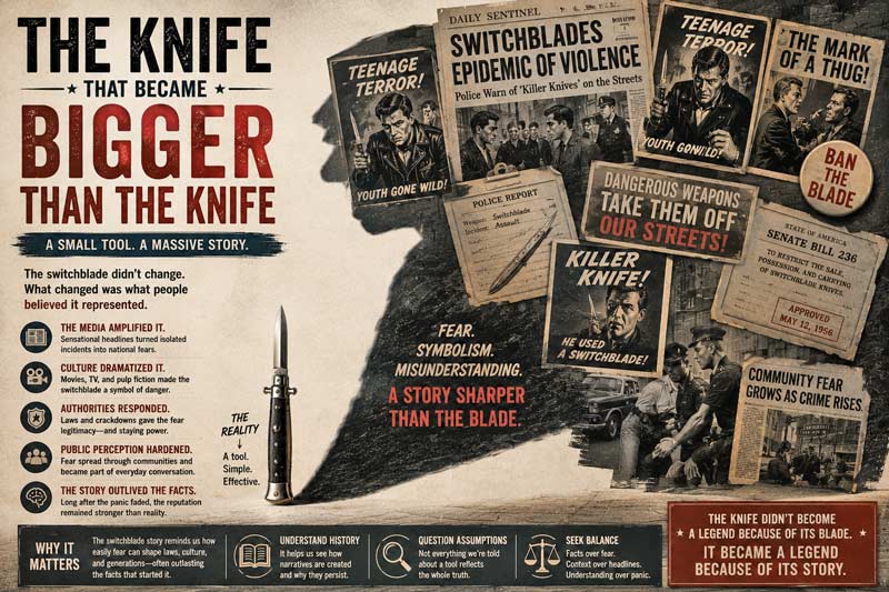 Switchblade casting a giant shadow made of media headlines, laws, and cultural fear.