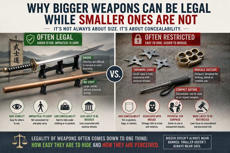 Infographic comparing larger martial arts weapons that are often legal with smaller concealable weapons that are more likely to be restricted.