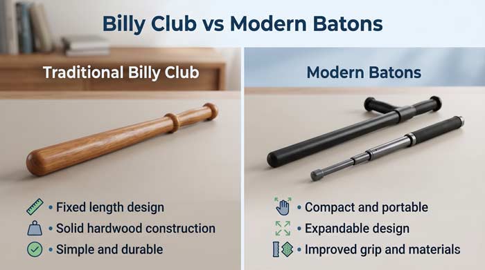 Infographic comparing traditional billy club and modern batons showing design and portability differences