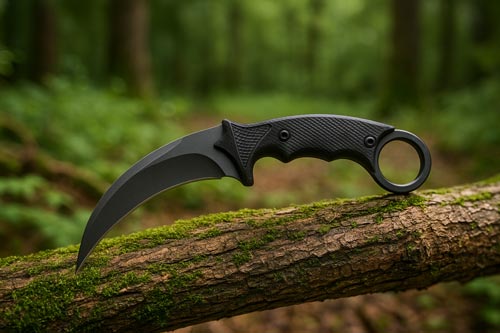 black karambit knife with a curved blade resting on a mossy tree trunk in a forest