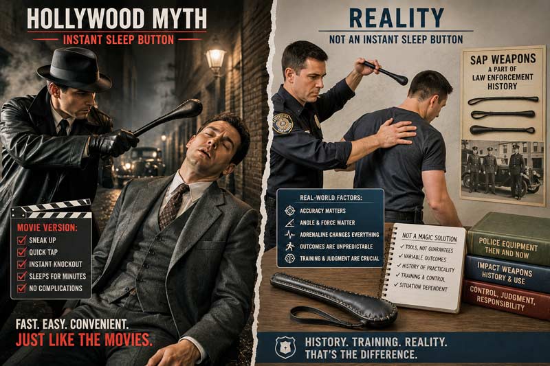 Hollywood vs reality comparison of blackjack and slapjack myth showing dramatic movie-style instant knockout beside realistic law enforcement history and training context.
