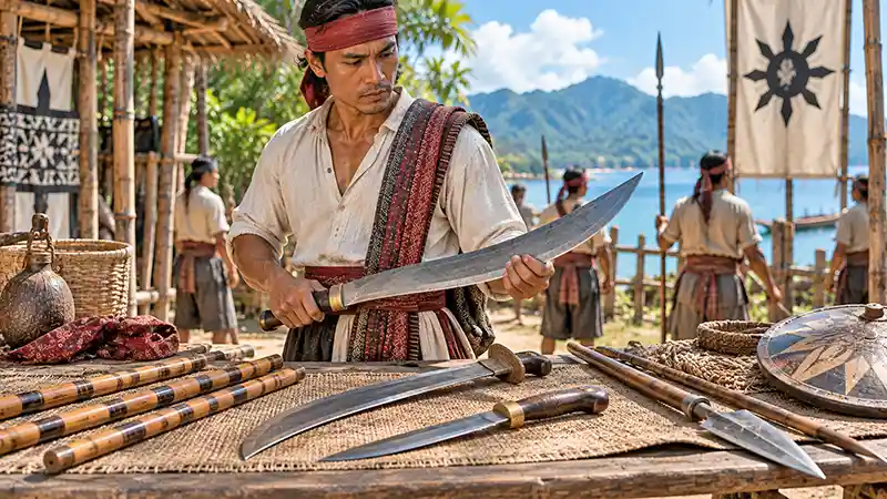 Filipino warrior examining a blade beside escrima sticks and other traditional weapons in a coastal village