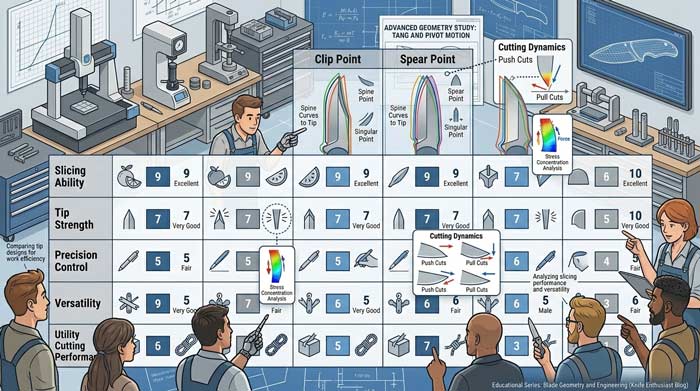 Infographic showing knife enthusiasts comparing different blade geometries and pocket knife profile designs using labeled diagrams
