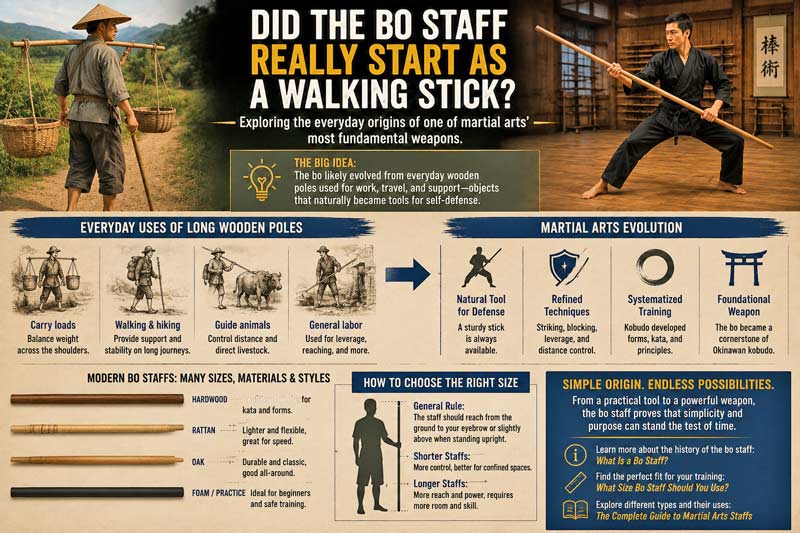 Bo staff origin story showing a farmer carrying supplies with a wooden pole, martial arts bo staff training, and the evolution from everyday tool to martial arts weapon