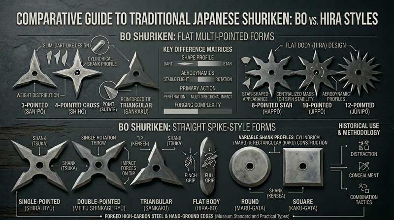 Infographic comparing bo shuriken and hira shuriken with labeled examples of spike-style and star-shaped Japanese throwing weapons