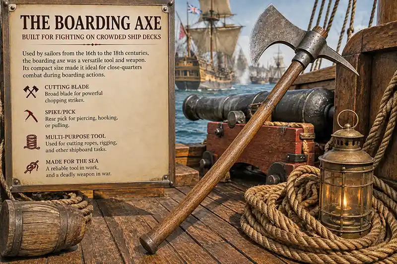 Historic boarding axe on the deck of a wooden sailing ship