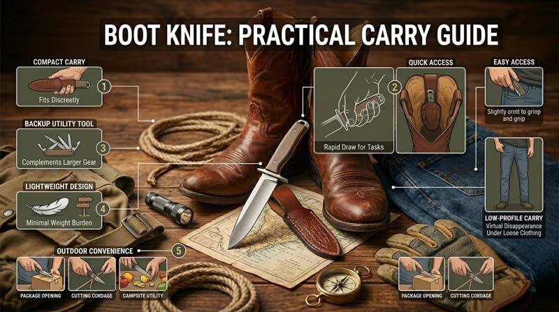 Infographic explaining why people carry boot knives, showing a compact boot knife with outdoor gear and highlights for lightweight carry, quick access, backup utility, compact size, and practical everyday convenience in a rustic setting