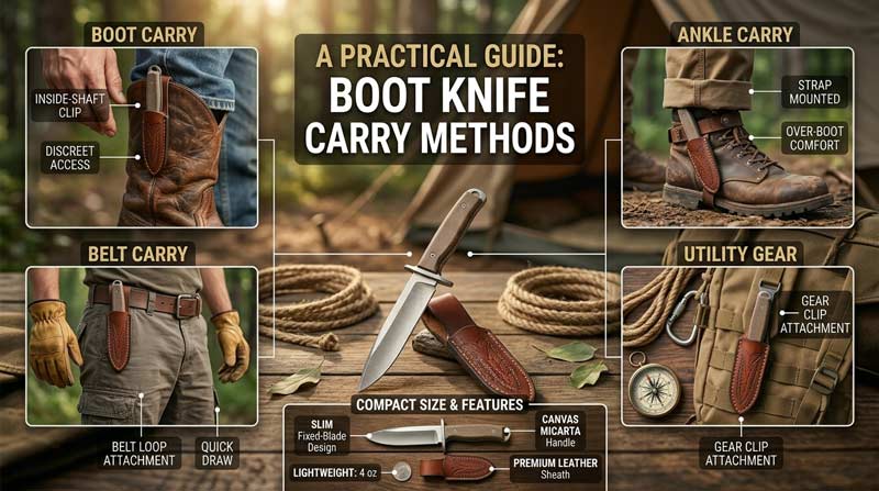 Infographic showing different ways to carry a boot knife, including inside a boot, ankle carry, belt carry, and attachment to outdoor gear, highlighting compact size, comfort, secure placement, and easy access outdoors