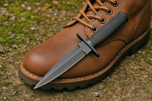 black boot knife resting across a brown leather boot outdoors