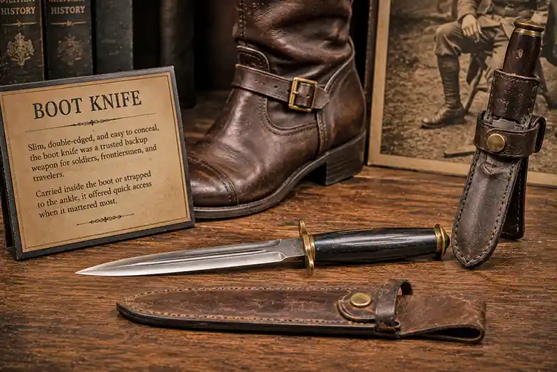 Antique boot knife with leather sheath displayed beside a vintage leather boot on a museum-style exhibit table.