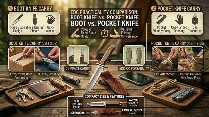 Infographic comparing a boot knife and pocket knife for everyday carry, showing differences in compact carry, quick access, fixed blade simplicity, pocket convenience, versatility, and practical daily utility with outdoor and EDC items nearby
