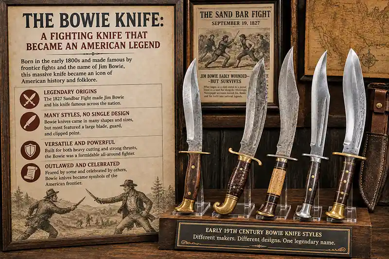 19th-century Bowie knives displayed with American frontier history