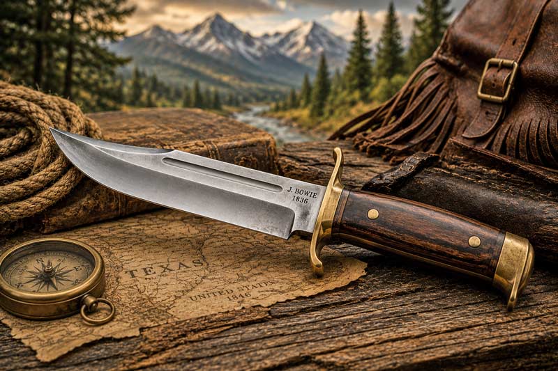 Classic Bowie knife displayed on weathered wood with frontier gear, old Texas map, and rugged mountain landscape.