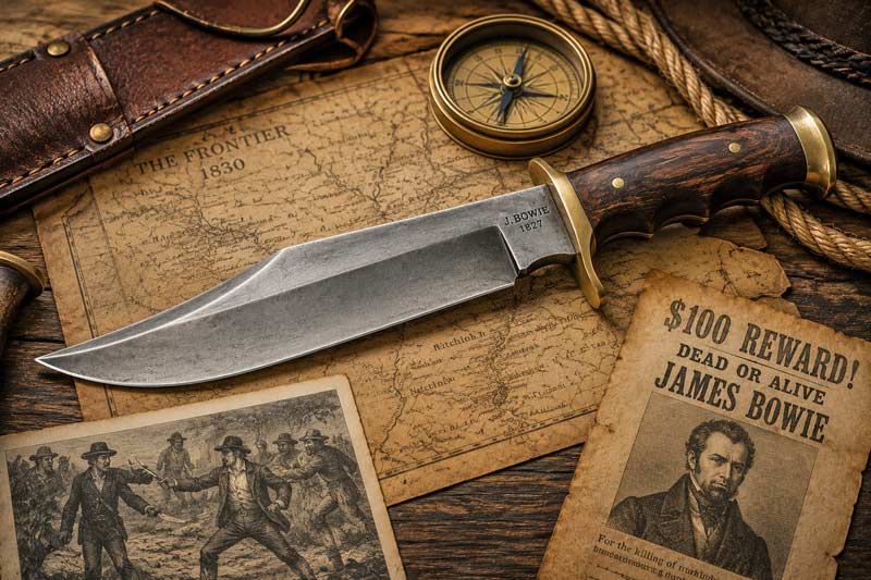 Historic Bowie knife resting on an old frontier map with vintage compass and Old West gear.