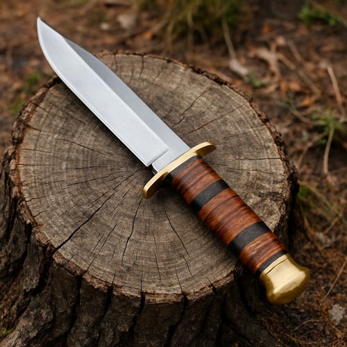 Bowie knife with layered wood handle resting on a tree stump in the forest