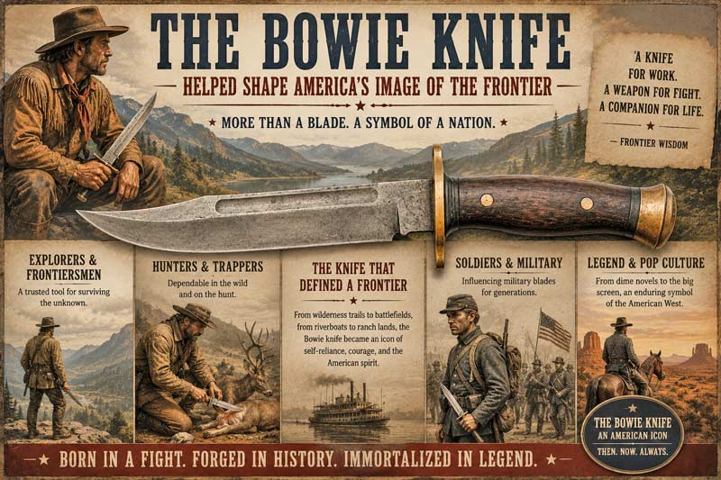 Bowie knife infographic showing how the blade became a symbol of the American frontier and western culture.