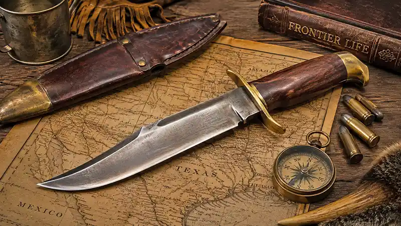 Classic Bowie knife resting on an antique frontier map with a leather sheath, compass, and period gear.