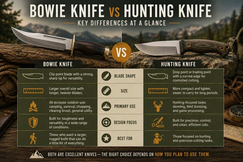 Infographic comparing Bowie knife and hunting knife blade shapes, size, outdoor uses, and key differences side by side