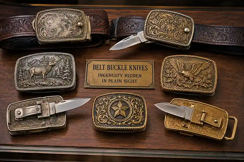 Collection of ornate belt buckle knives displayed open and closed on leather belts in a museum-style exhibit.