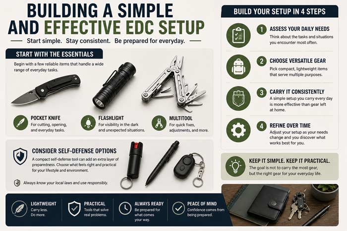 Infographic showing how to build a simple everyday carry setup with items like knife, flashlight, wallet, keys, multitool, and pen