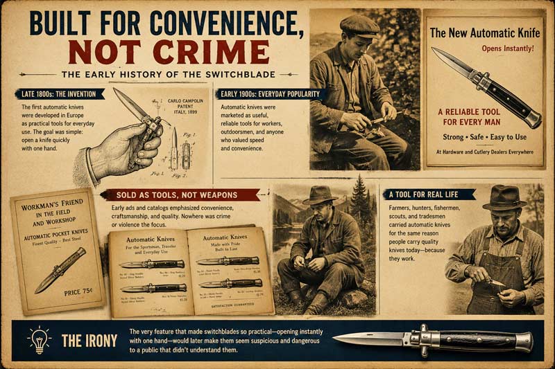 Vintage infographic showing the early history of switchblades as practical everyday tools.