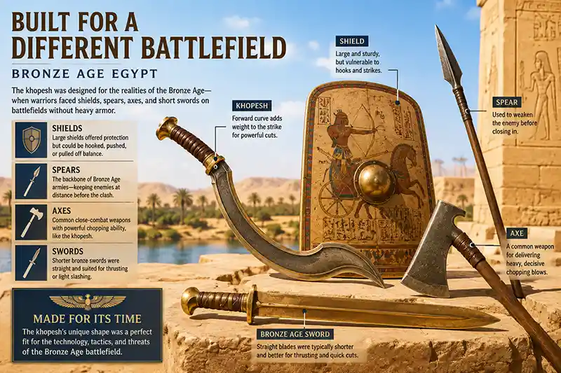 Khopesh displayed with Bronze Age Egyptian battlefield weapons