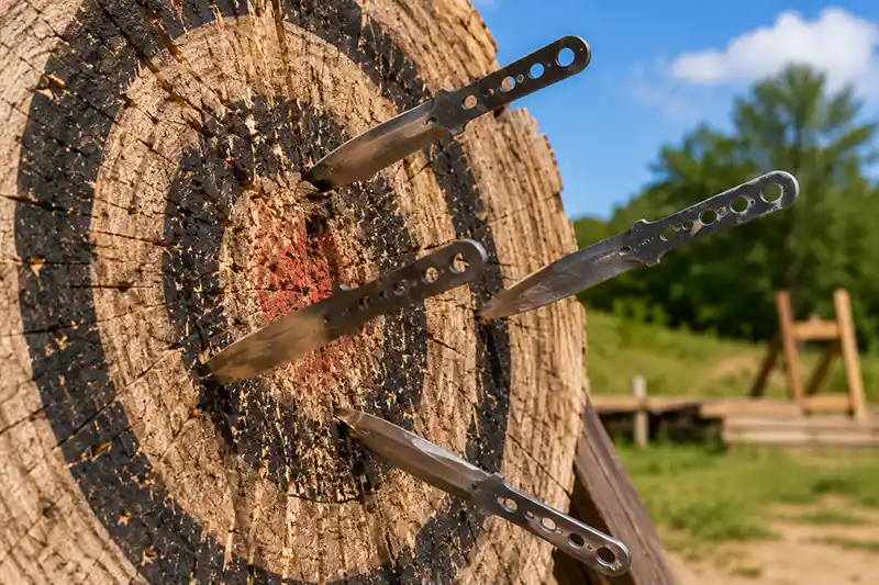 Well-used throwing knives embedded close together in a wooden target