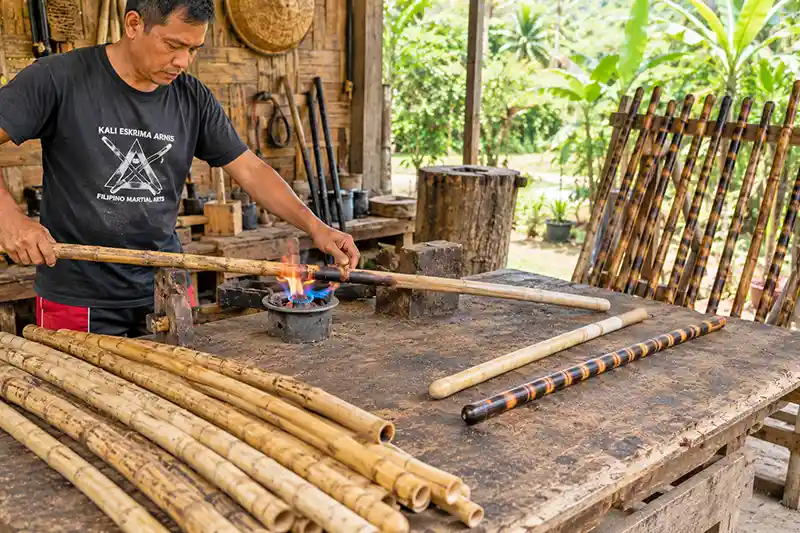 Craftsman heat-straightening a rattan escrima stick