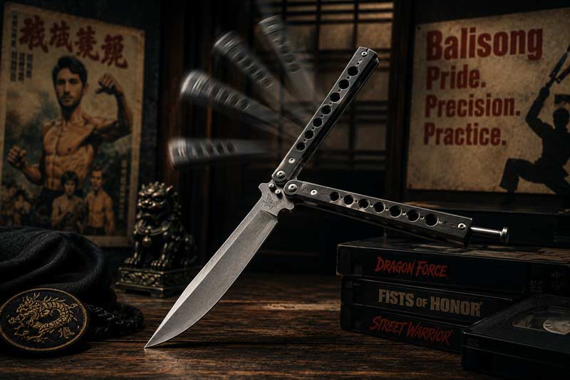 Butterfly knife displayed with dramatic lighting and martial arts-inspired retro background.