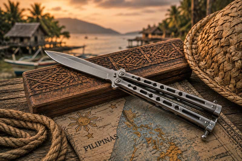 Butterfly knife resting on weathered wood with tropical coastal setting, rope, and Filipino-inspired atmosphere.