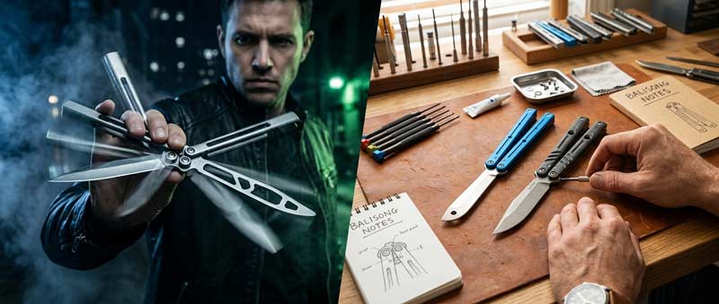 Hollywood vs reality comparison of butterfly knife flipping showing cinematic movie-style action beside realistic balisong practice and craftsmanship.