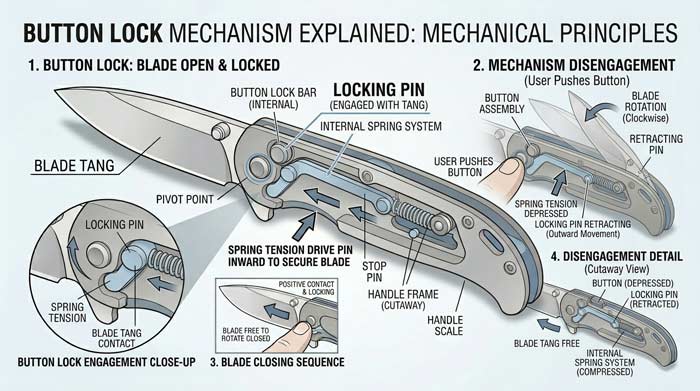 Infographic explaining how a button lock mechanism works using labeled internal components and cutaway engineering diagrams