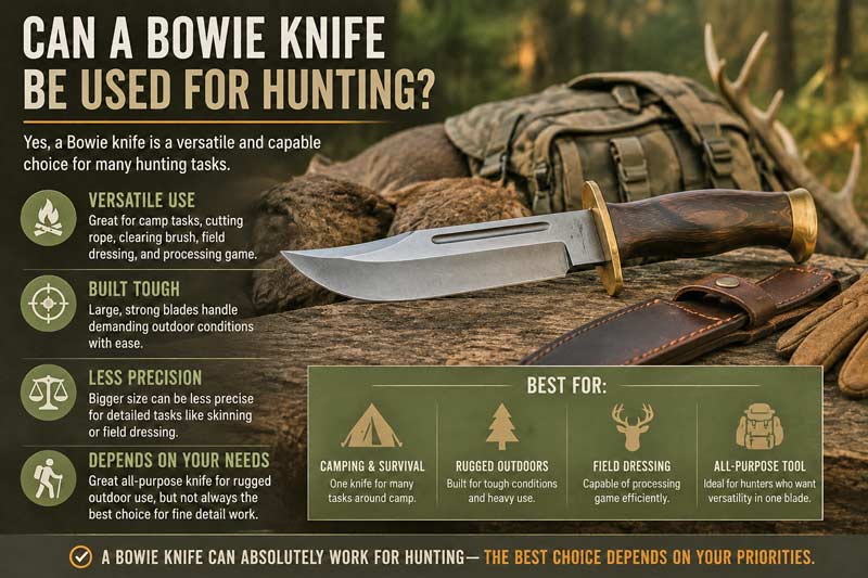 Infographic showing a Bowie knife in an outdoor setting with icons explaining hunting uses, versatility, durability, and camping utility