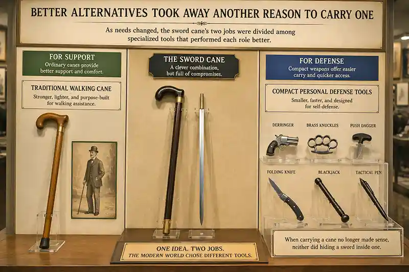 Sword cane displayed between a traditional walking cane and compact personal defense tools