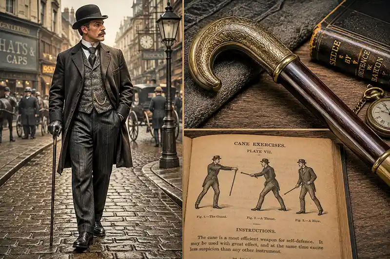 Victorian gentleman with fighting cane and vintage self-defense manual