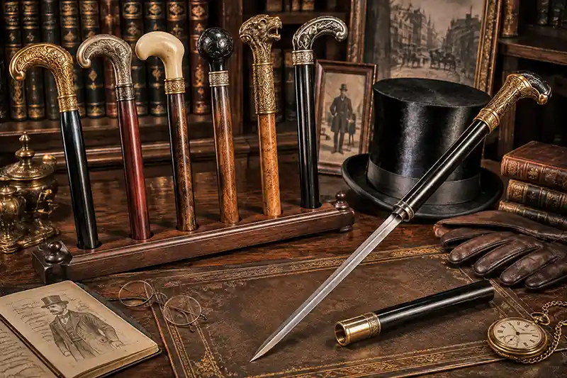 Victorian study featuring ornate walking canes, a partially drawn cane sword, top hat, gloves, and pocket watch.