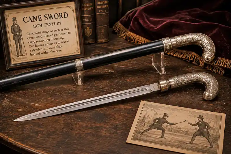 Antique cane sword with concealed blade displayed on a museum-style wooden exhibit table.