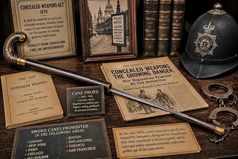 Antique cane sword displayed beside vintage legal documents, police artifacts, and law books in a museum exhibit.